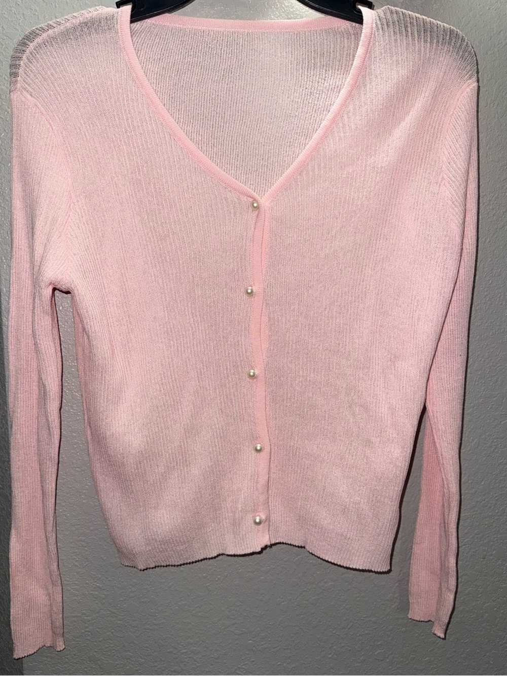 Light Pink Pearl-Button V-Neck Cardigan Sweater